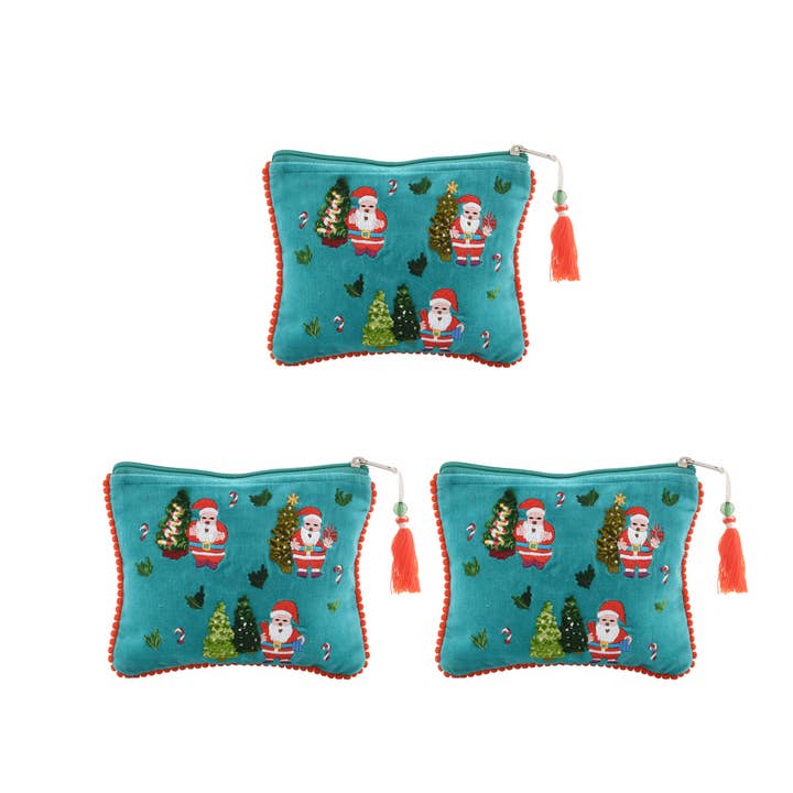 3ABBG24024_TLRD S/3 SANTA CHRISTMAS POUCH TEAL 6X8 for wholesale by Karma Living