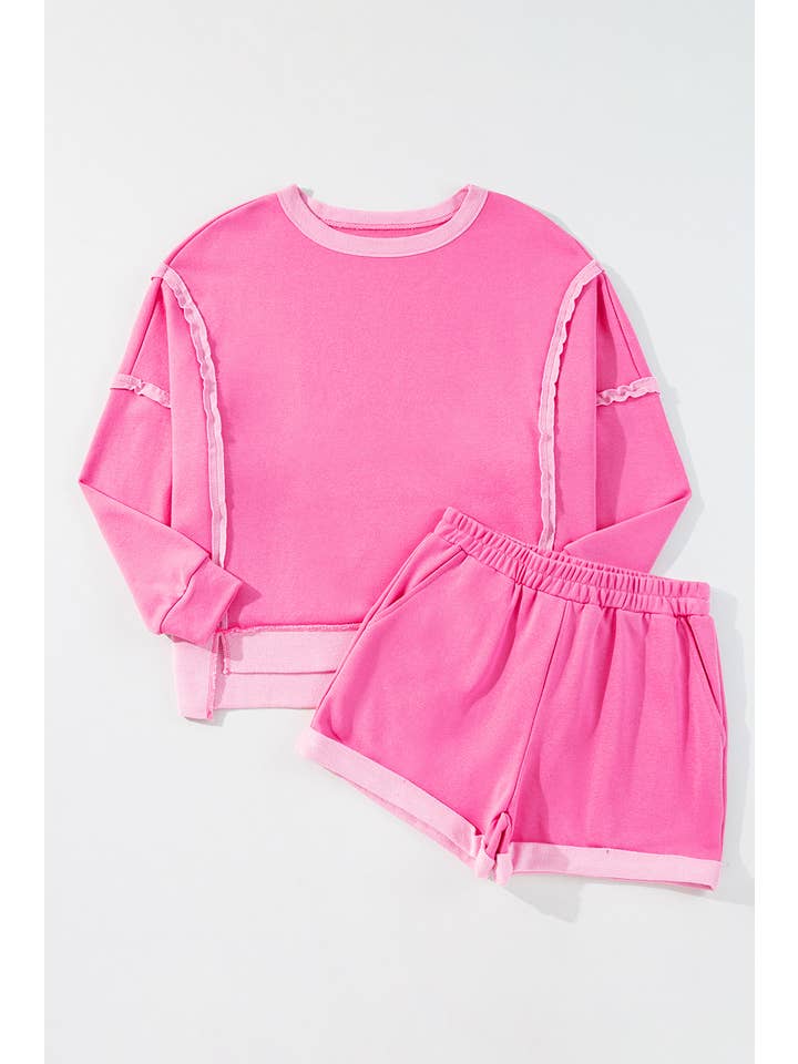 Rose Ensemble deux pièces patchwork à manches longues avec pull et short en vente sur Faire2