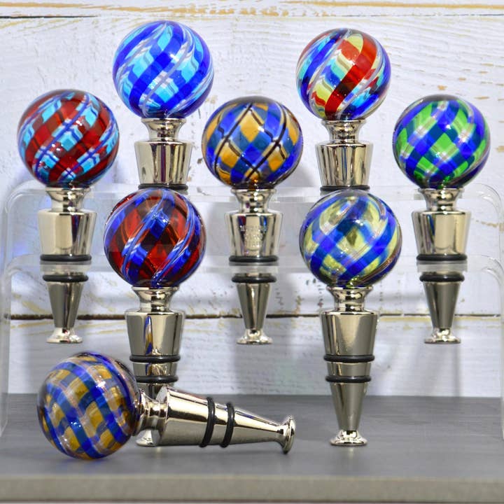 Murano Glass Wine Stoppers, Filigrana, Made in Italy for wholesale by Via Graceffo