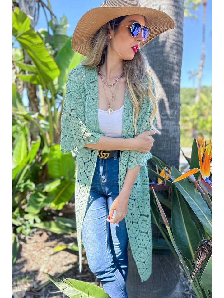 Salvia Sage sexkantig virkad 3/4 ärm Maxi Kimono Cardigan för wholesale på Faire3