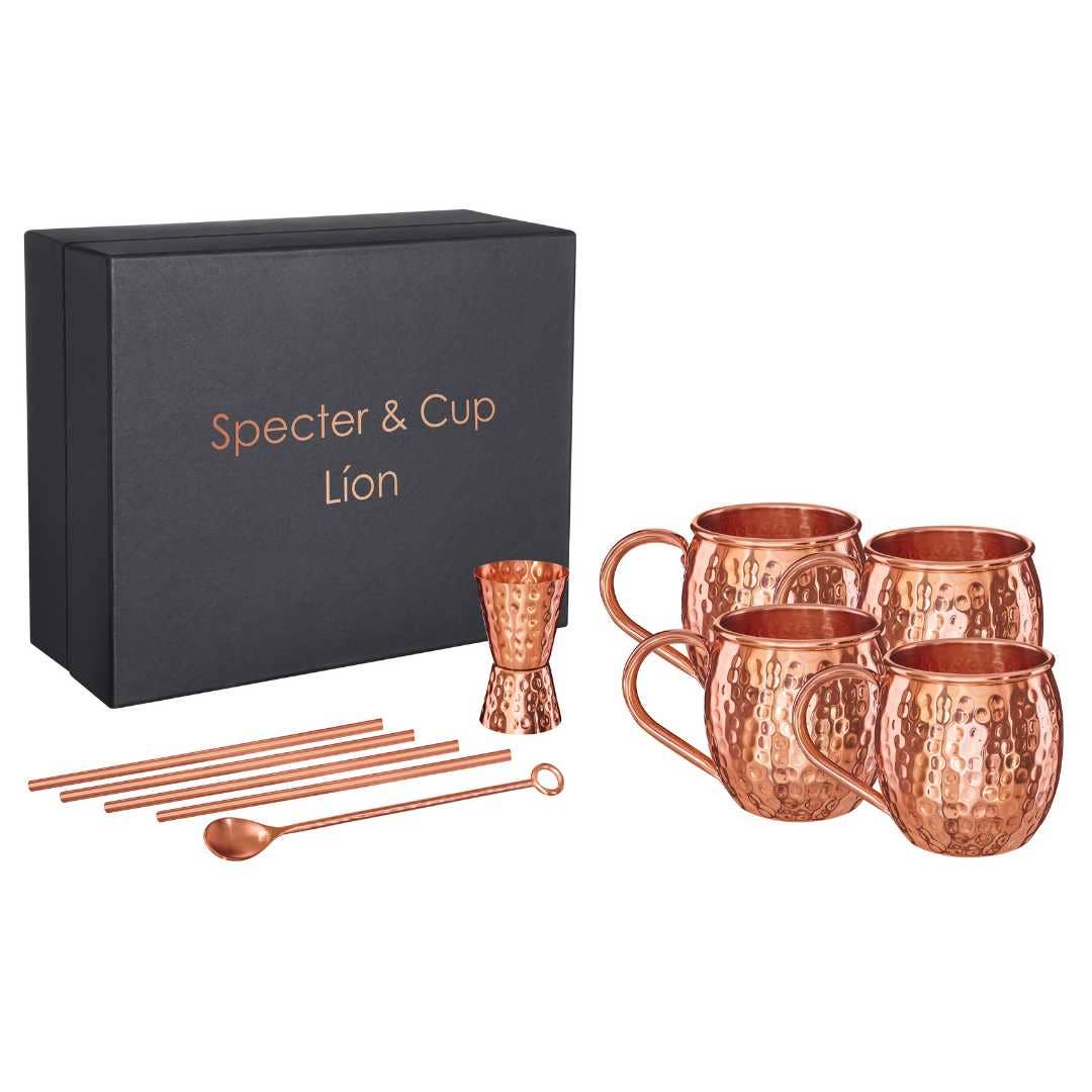 Specter & Cup - Vente Verres à cocktail/alcool - Set de 4 mugs en cuivre pour Moscow Mule Líon avec accessoires2
