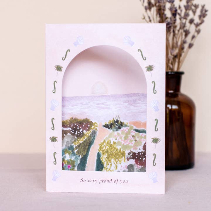 'Proud of you' Beach Arch Window Congratulations Card for wholesale by The Hidden Pearl Studio