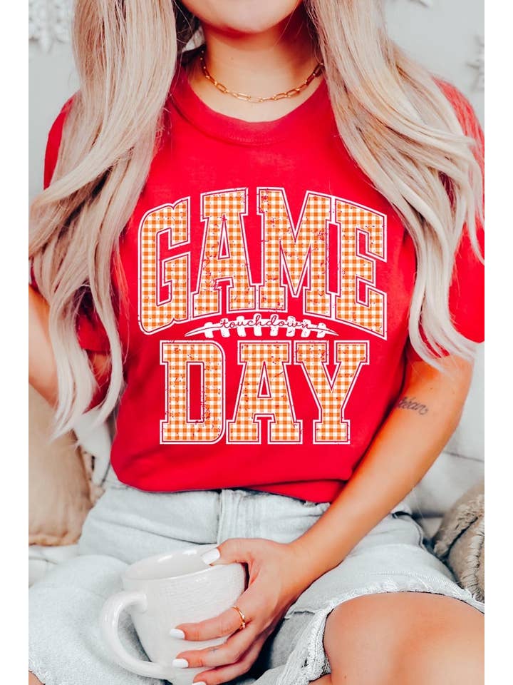 COLORBEAR - Wholesale T-Shirt (Graphic) - Women's - Orange Gingham Game Day Graphic Tee12