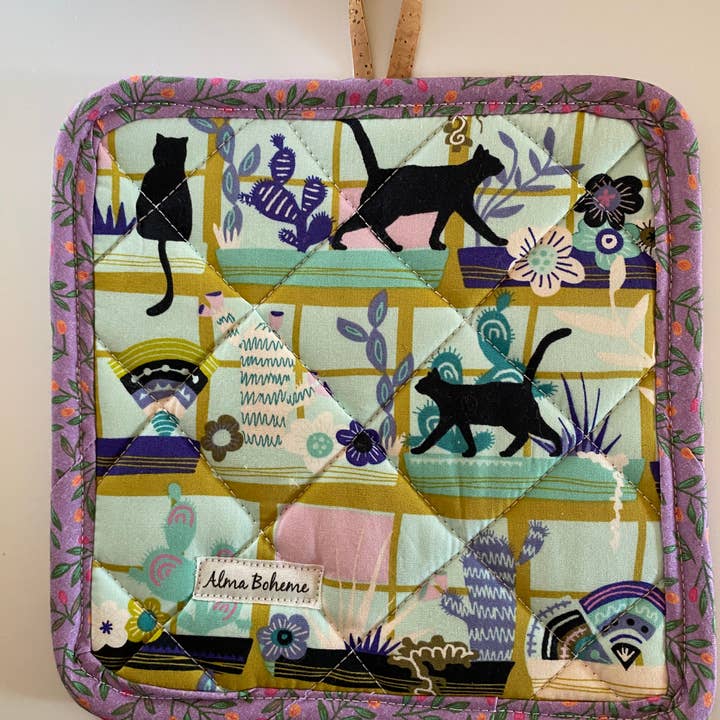 Alma Boheme Handmade - Vendita all'ingrosso Guanti da forno/Presine - Presina Kitty View in sughero e cotone (senza tasca)