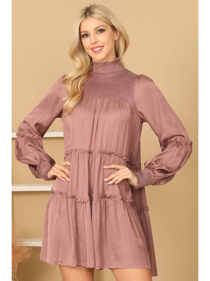 MYS Wholesale Inc - Wholesale Dress - Women's - Shirred High Neck Puff Sleeve Tiered Satiny Dress