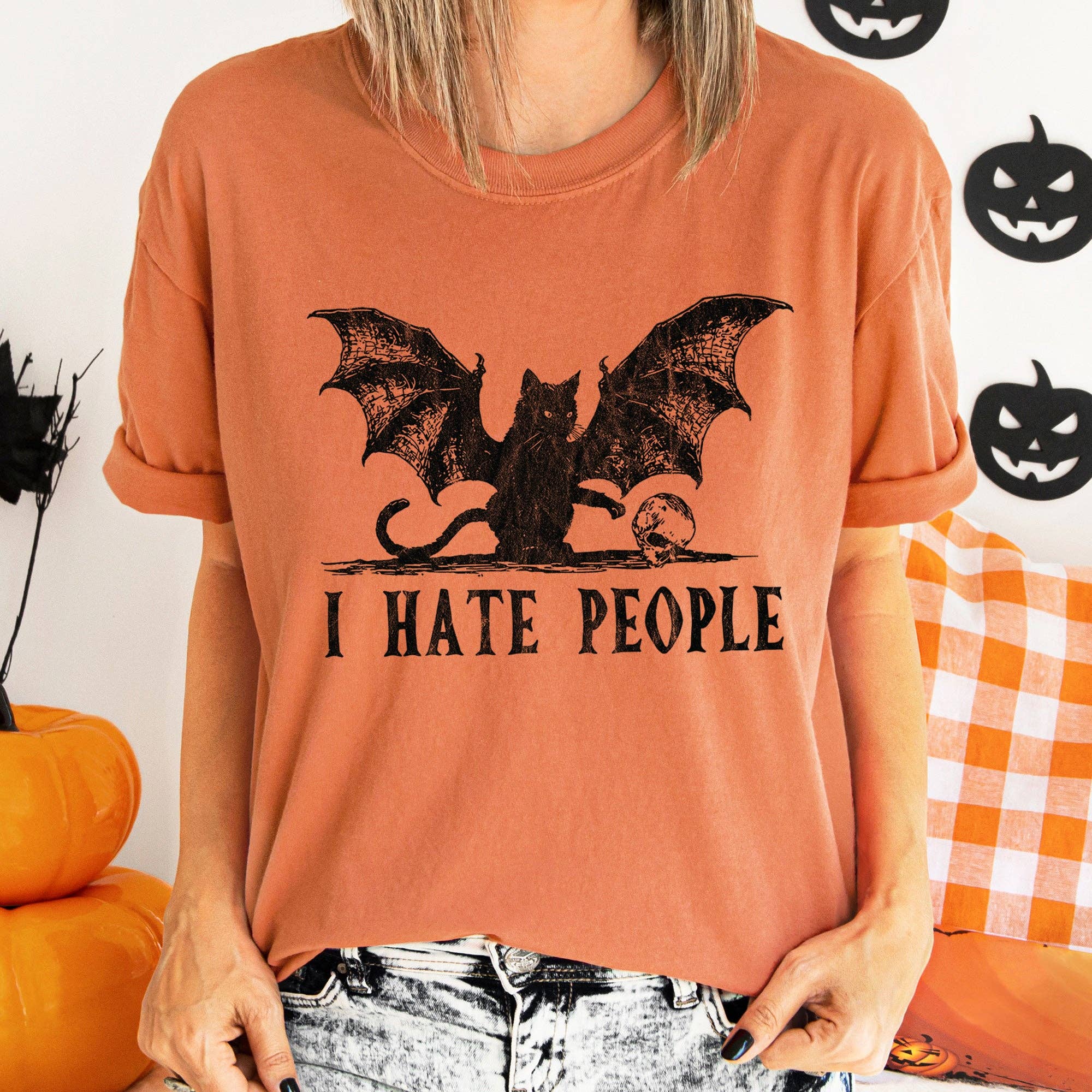 Refinery Number One LLC - Wholesale T-Shirt (Graphic) - Women's - I Hate People Cat Bat Retro Halloween T-shirt Black Print5