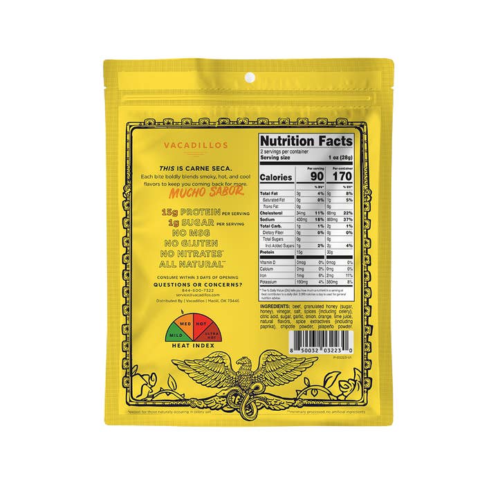 Stryve Foods, LLC - Wholesale Jerky - Vacadillos Carne Seca Chipotle Honey Sliced Steak - 2oz