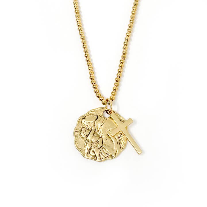 Gold Beaded Chain with Gold Scalloped St. Anthony and Cross for wholesale by PowerBeads by jen