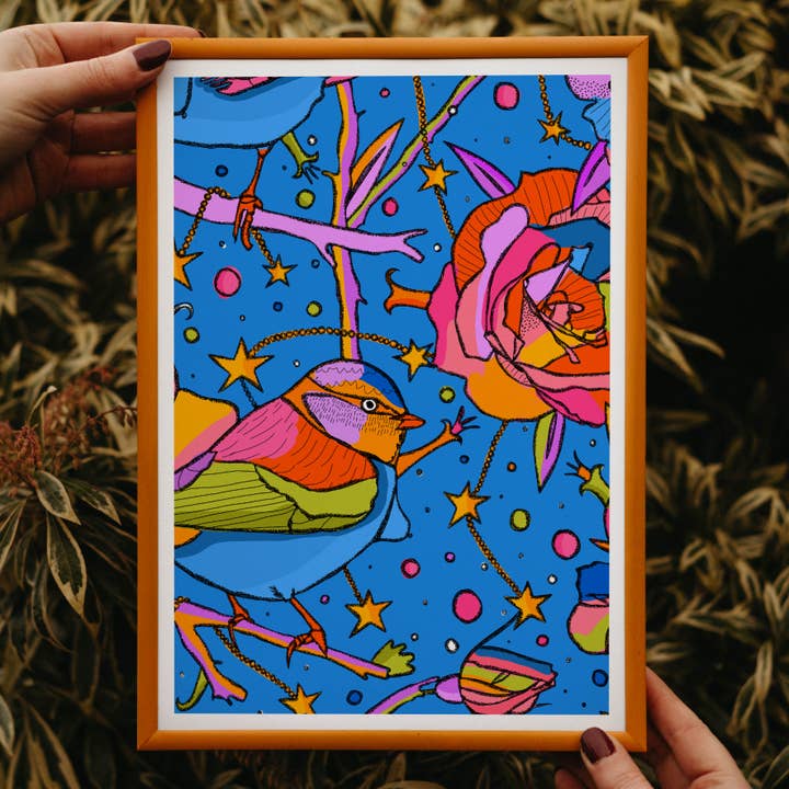 Cheeky Blue Tit Art Print, Animal Wall Art for wholesale by Freya Niamh