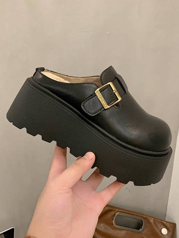 VividLux - Wholesale Loafers - Women's - Belt Buckle Round-Toe Split-Joint Loafers Platform Shoes Slippers&Mules13