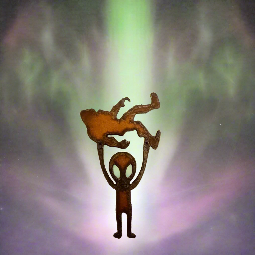 Universal Ironworks USA - Wholesale Magnet - Alien Holding Bigfoot Rustic Metal Magnet Made in USA0