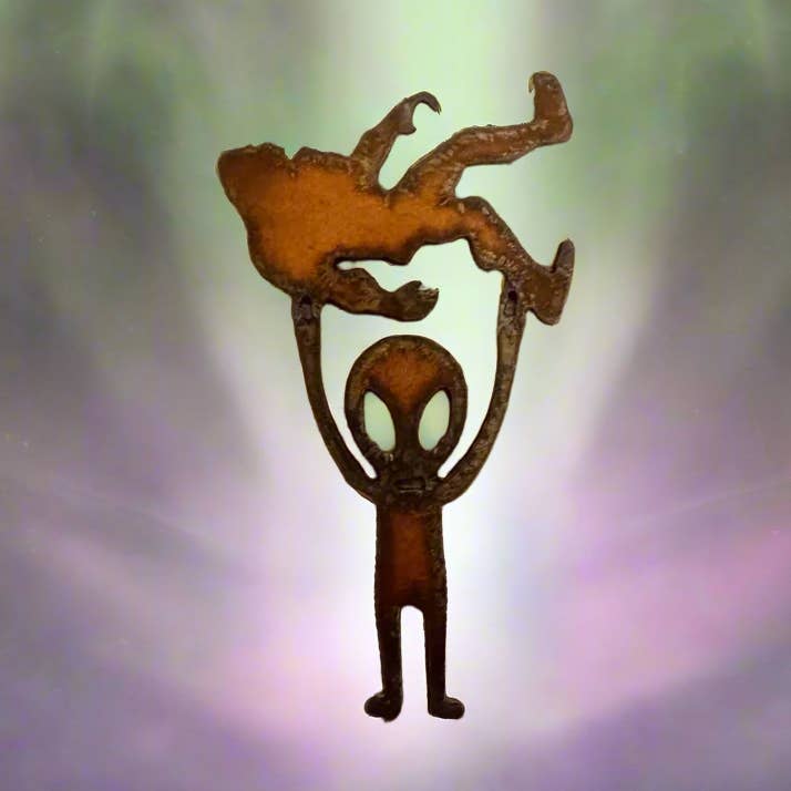 Universal Ironworks USA - Wholesale Magnet - Alien Holding Bigfoot Rustic Metal Magnet Made in USA0