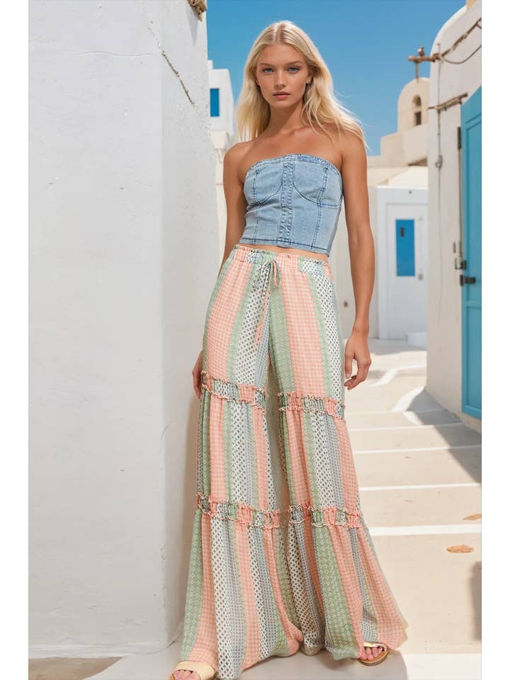 MULTI PANTALONI PALAZZO A STRATI IN CHIFFON CON STAMPA MULTIPLA 2373PE in vendita all'ingrosso su Faire