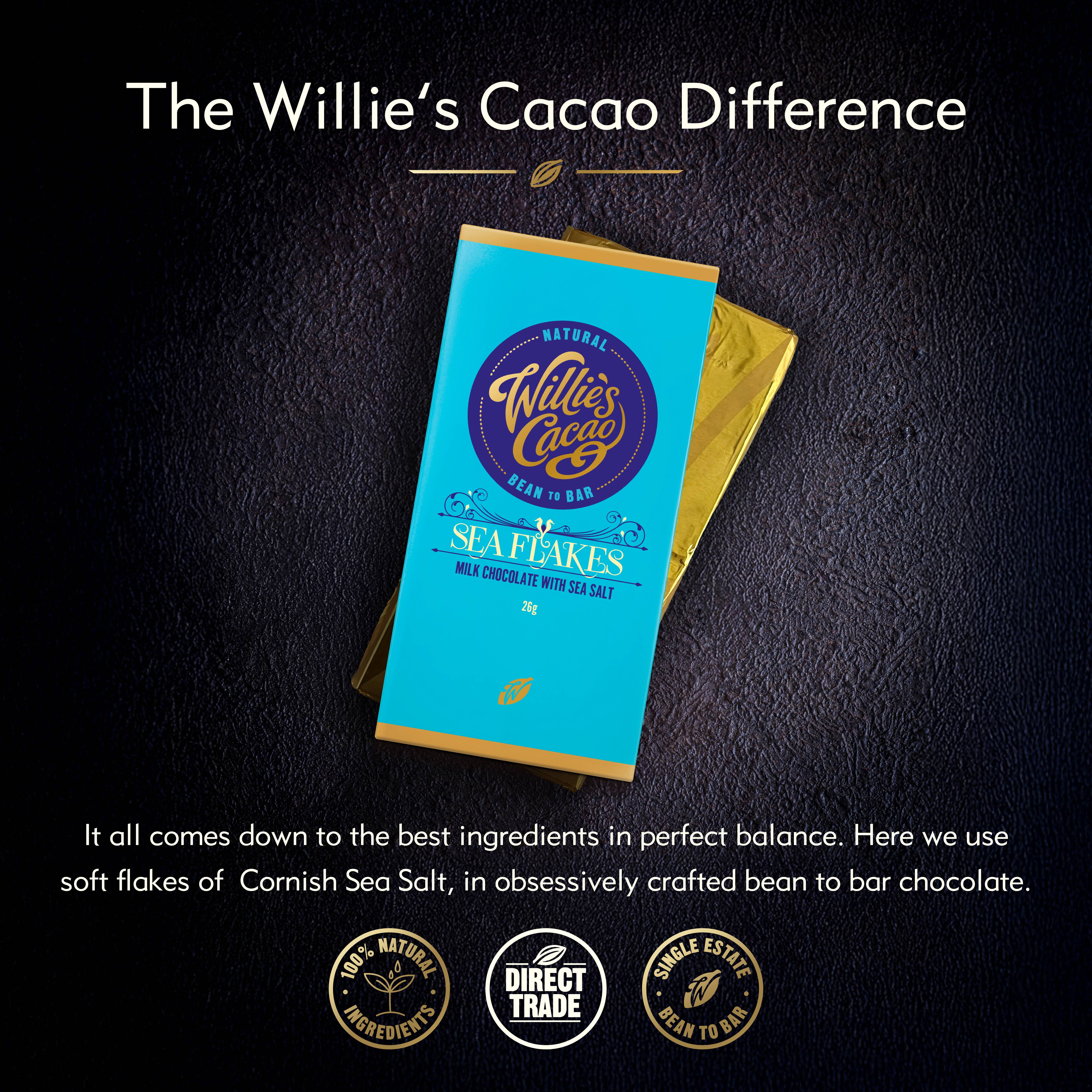 Willie's Cacao - Wholesale Chocolate Bar - Sea Flakes. Milk chocolate with Cornish Sea Salt. 26g bar4