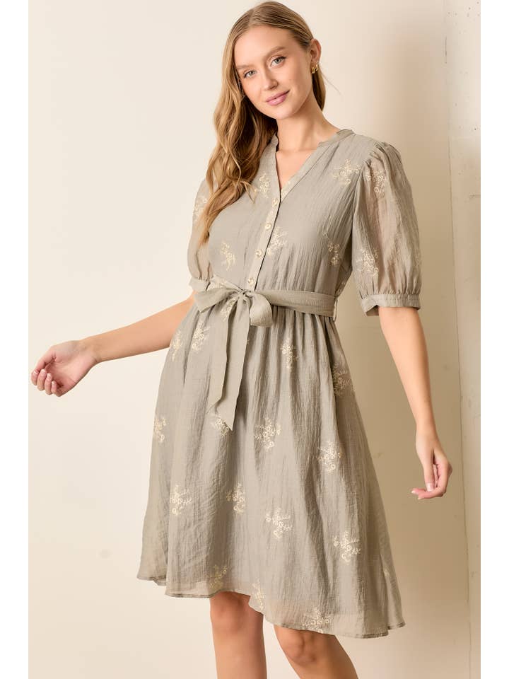 DOVE GRAY EMBROIDERED BUTTON FRONT DRESS for wholesale on Faire