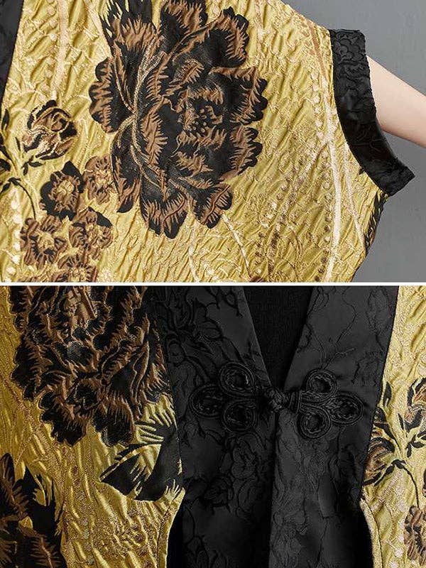 Sheer Trend – Großhandel Kimono – Damen – Oberbekleidung mit Fledermausärmeln, lockere, mit Blumen verzierte chinesische Froschknöpfe, plissierte, geteilte Gelenke, V-Ausschnitt9