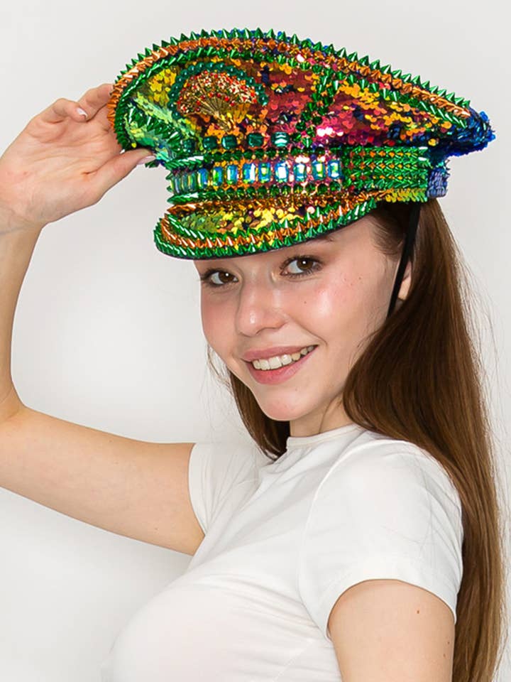 Crystal & Sequin Embellished Peacock Captain Hat for wholesale by SP Sophia Collection