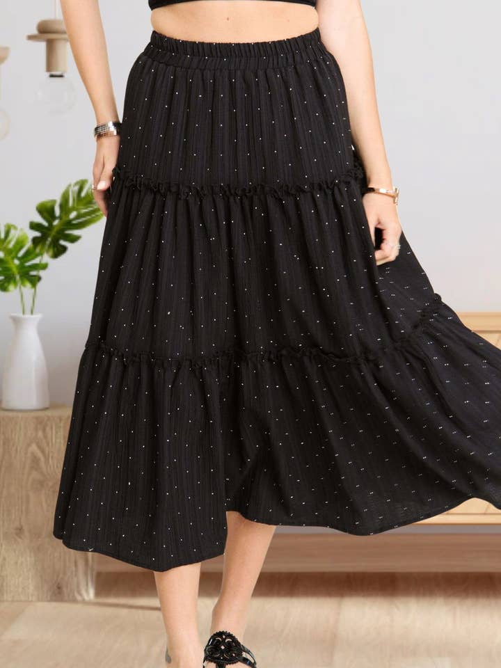 LES3644- JUPE MIDI À VOLANTS AVEC TAILLE ÉLASTIQUE pour la vente par Madelyn