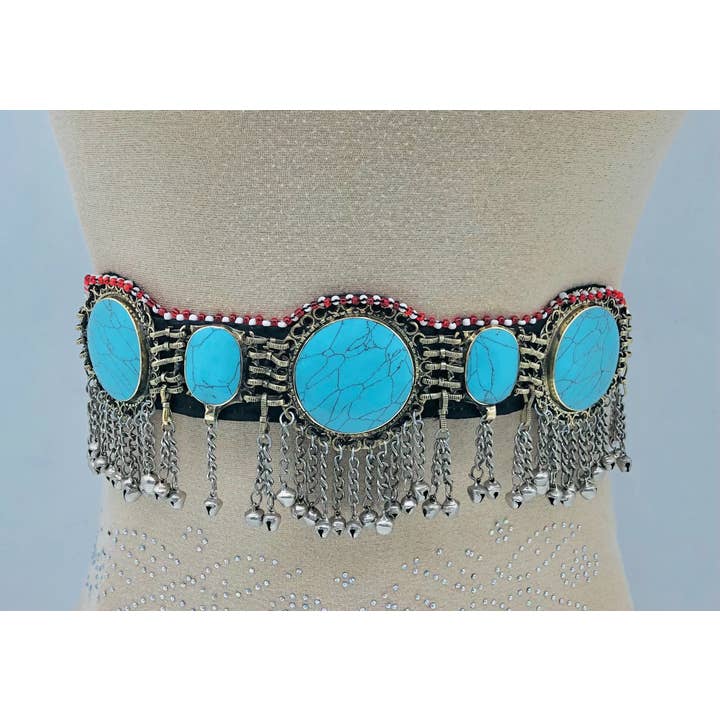 vintarust - Wholesale Riem - Dames - Afghan Kuchi Turquoise Stenen Buikriem met zilveren bellen