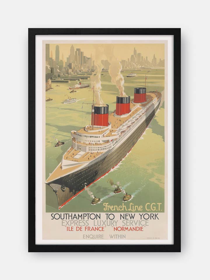 Poster del transatlantico della linea francese da Southampton a New York del 1936 per la vendita all'ingrosso da parte di The Curious Desk