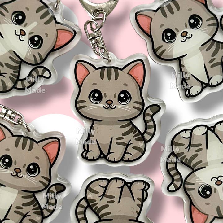 Light Gray Silver Shorthaired Tabby Cat Acrylic Keychain with Epoxy Resin | Easy-Clip, Cute Cat Cartoon, Hand-Drawn Design, Cat Lover Gift for wholesale by Milly Made Designs