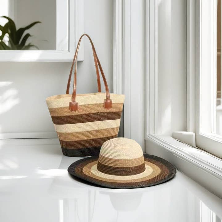 Medium Size Striped Straw Basket Bag+ Hat -Set of 2 for wholesale by Superbia