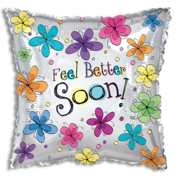 Feel Better Soon Floral Square Foil Balloon - Bagged for wholesale by Kelli's