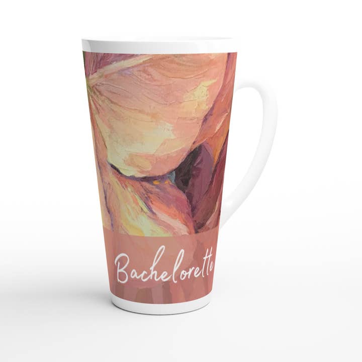Barbara Cleary Designs - Vendita all'ingrosso Tazza - Tazza da latte in ceramica bianca da 17oz 'Bachelorette' | Collezione da sposa con opera d'arte 'Amaryllis' dell'artista americana Barbara Cleary