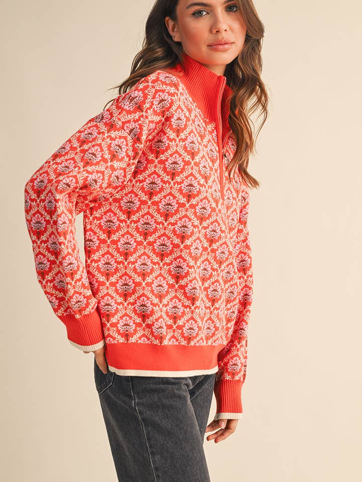 &MERCI - Wholesale Knit Sweater - Women's - FLORAL MOCK NECK HALF ZIP PULLOVER MSW1082946