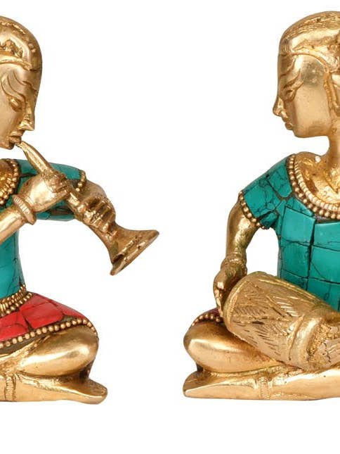 Set of Four Musician Ladies In Brass With Inlay Statue for wholesale by Exotic India Art