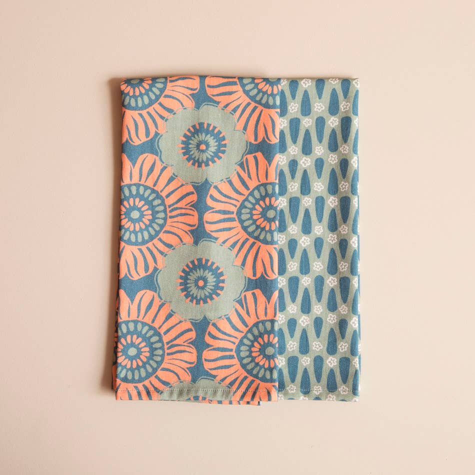 Mahe Homeware - Wholesale Tea Towel - Salmon Green Pop Floral Kitchen Towel Set 2