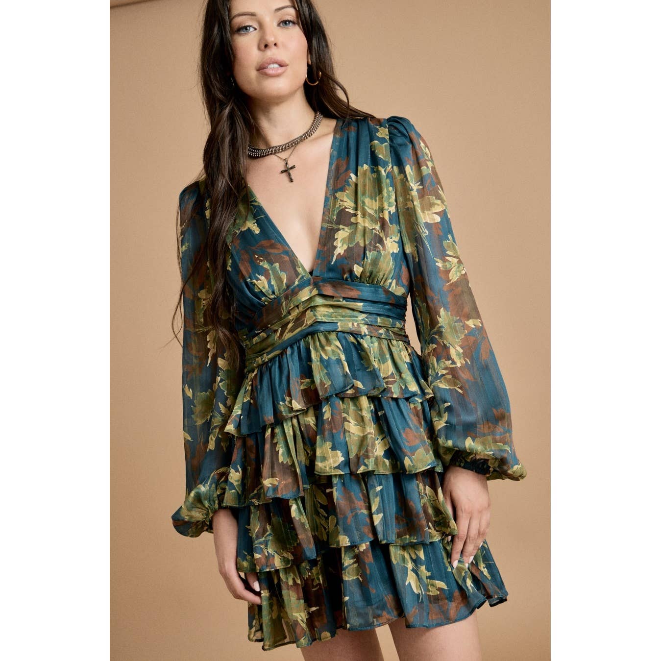 GREEN COMBO Deep V Neck Ruffled Mini Dress for wholesale on Faire2