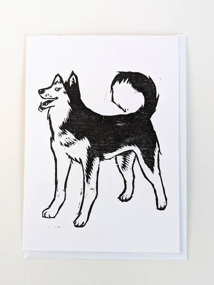 Husky - Original Wood Block Printed Card for wholesale by Wingedprints
