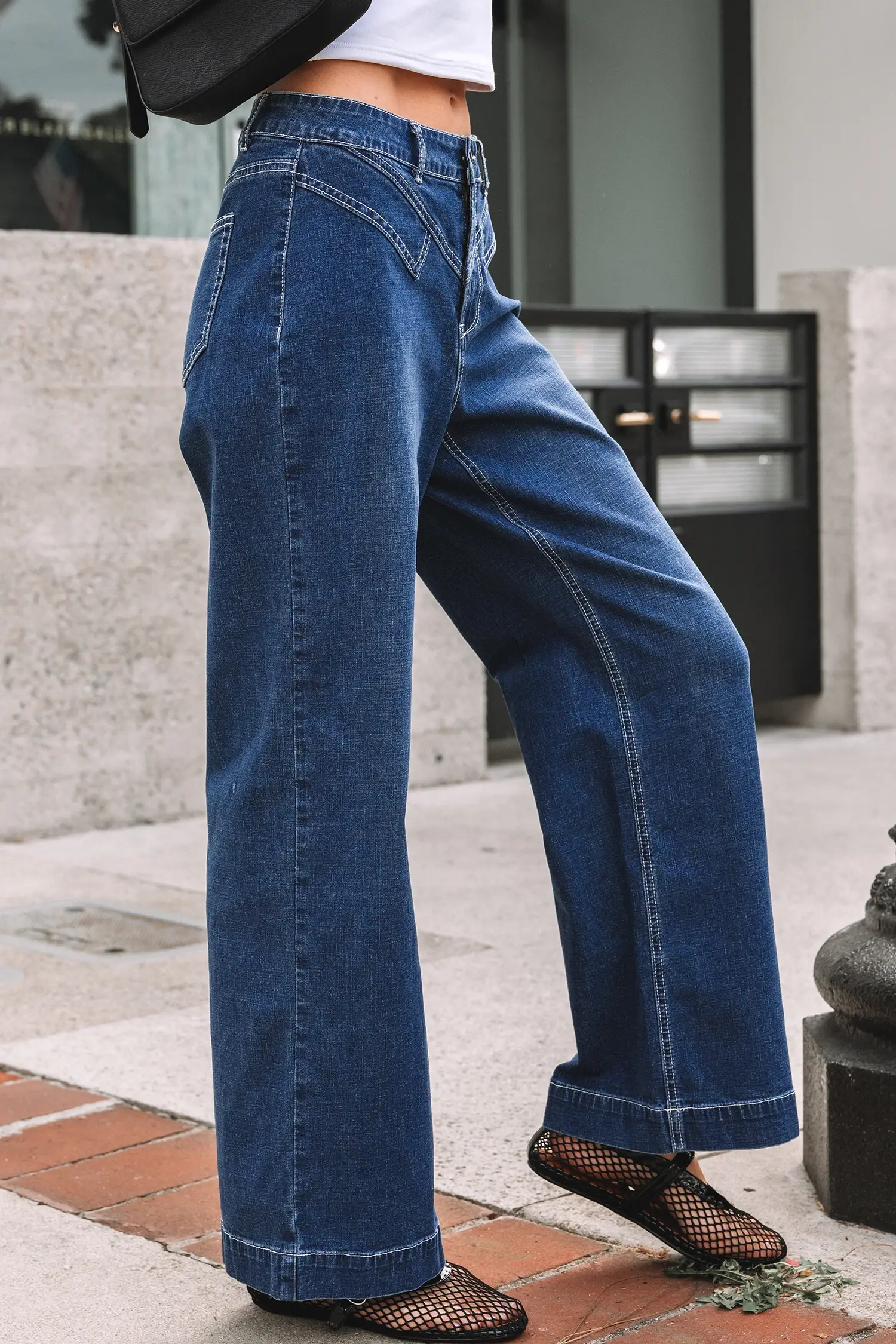 Sail Blue Stitched Waist Detail Loose Cuffed Jeans for wholesale on Faire5