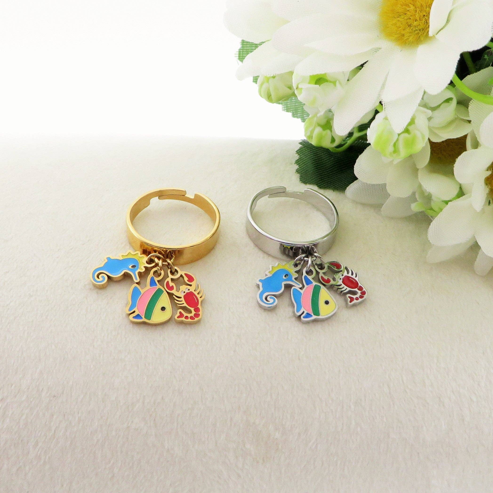 Daemon srls - Vente Anneau/bague à empiler - POLINESIA ~ Bague réglable en ACIER INOXYDABLE avec pendentifs marins émaillés4