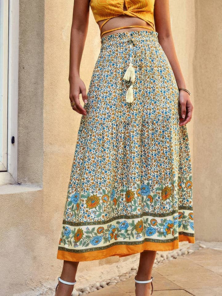 Maxikjol med dragsko, blommigt mönster och volanger för wholesale av CC Wholesale Clothing