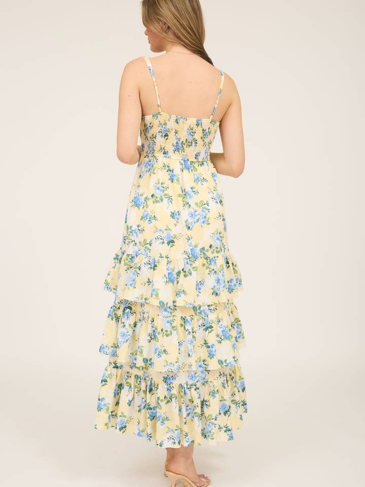 Blu Pepper - Wholesale Dress - Women's - FLORAL SLEEVELESS RUFFLE TIERED HEM MIDI DRESS