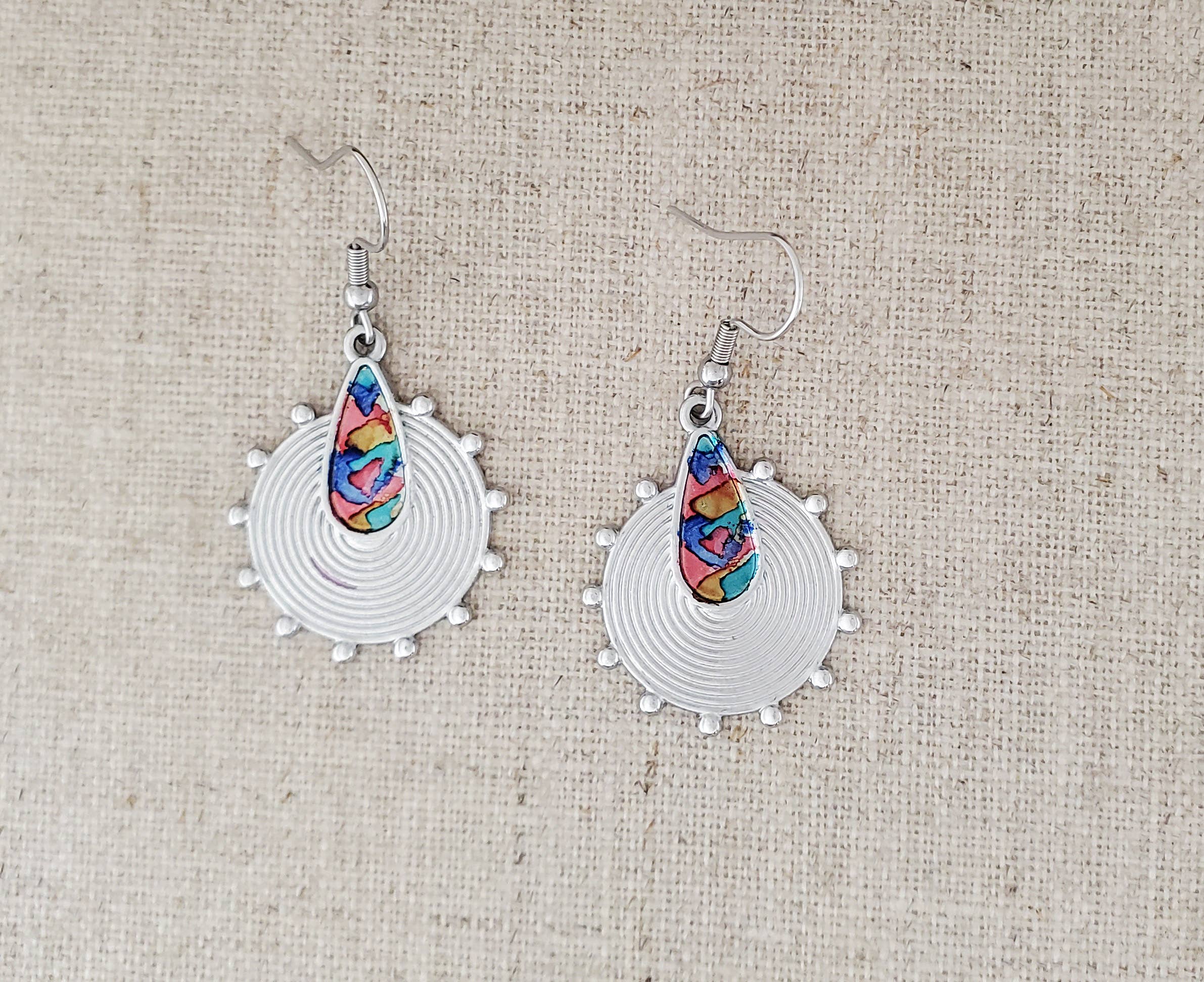Covaly Artisan Jewelry - Wholesale Dangle Earrings - Alcohol Ink Stainless Steel Circle & Teardrop Earrings 0