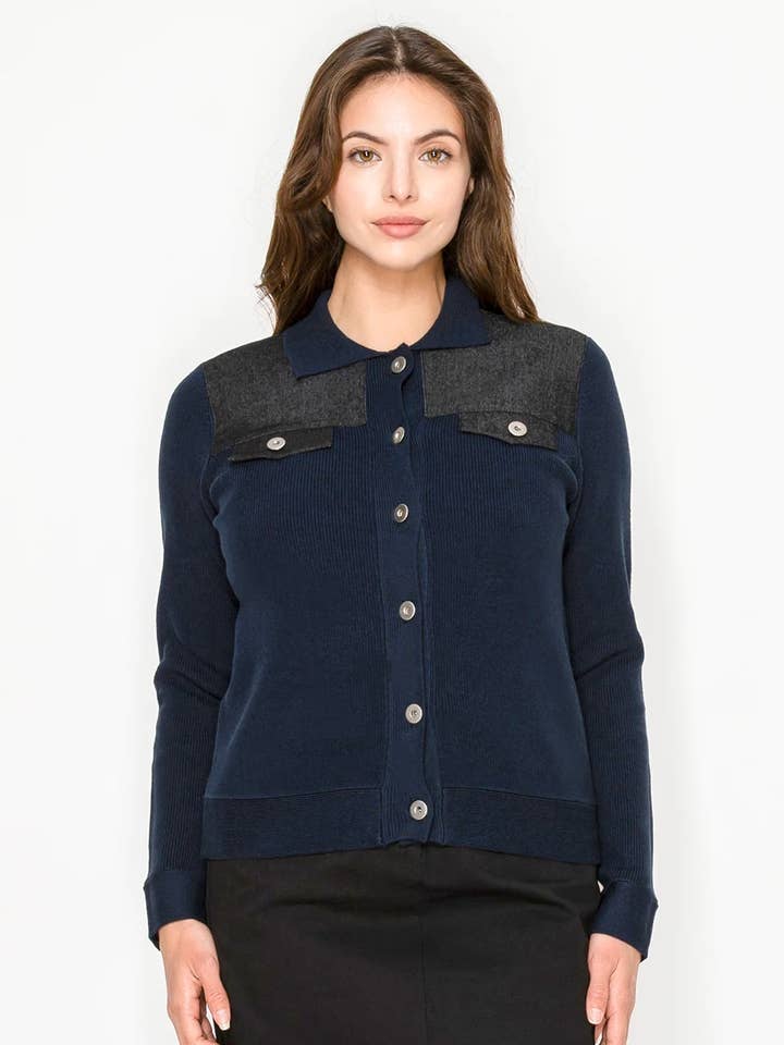 Cardigã com Painel de Contraste Azul-Marinho por atacado de Yal New York