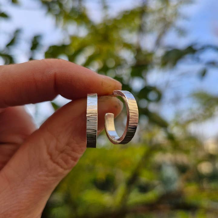 Sterling Silver Bark Textured Rectangle Hoops for wholesale by Nature's Finds Studio