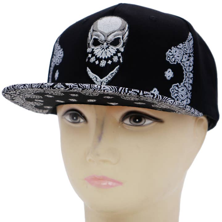 Cap Zone - Wholesale Flat Brim Cap - Men's - Rebel Biker Skull Paisley Bandana Print Snapback