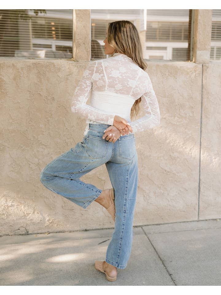 White Mock Neck Floral Lace Mesh Long Sleeve Top - White for wholesale on Faire6