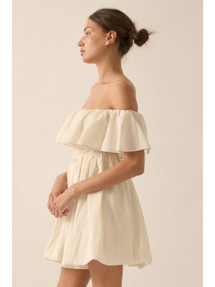 Promesa USA – Großhandel Kleid – Damen – Trägerloses Minikleid mit Volant aus Leinenmischung10