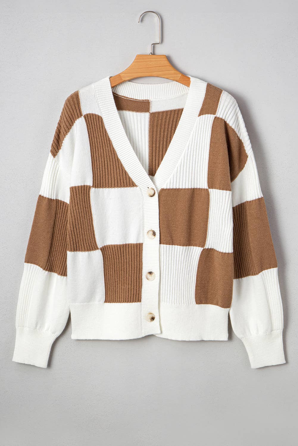 Khaki Checkered Ribbed Plus Size Cardigan Sweater (S-4X) for wholesale on Faire2