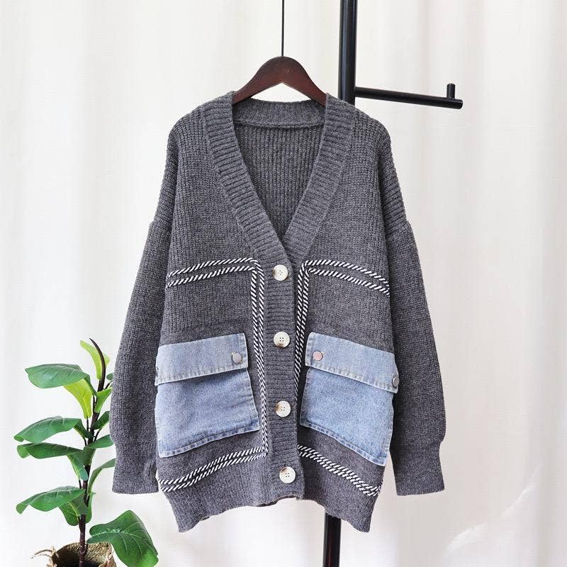 Productseeker – Engroshandel Cardigan - Dame – JK91 hyggelig cardigan med patchwork i denim og strik2