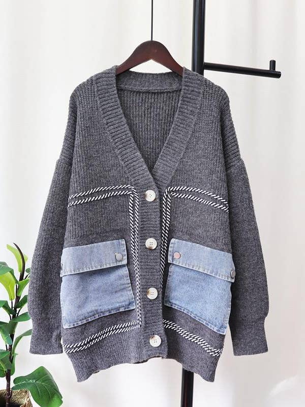 Productseeker – Großhandel Strickjacke – Damen – JK91 gemütliche Patchwork-Strickjacke aus Denim und Strick2
