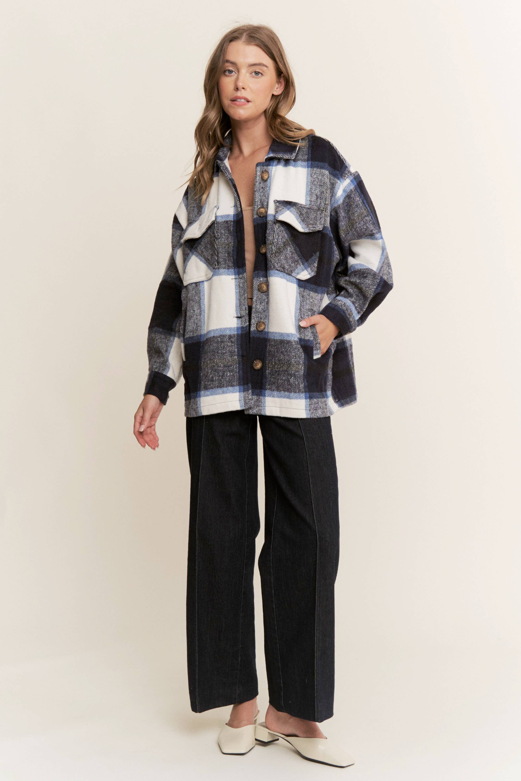 Sweet Generis - Wholesale Shirt Jacket/Shacket - Women's - FUZZY PLAID BUTTON DOWN FLANNEL SHIRT JACKET17