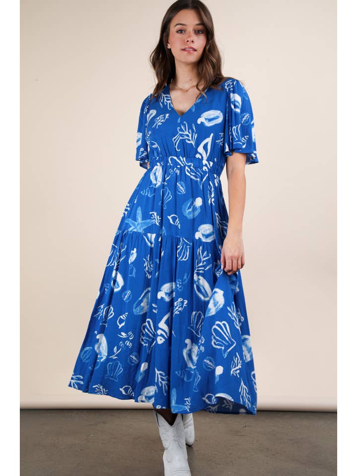 VERY J - Wholesale Dress - Women's - ND31625-Printed V-Neck Resort Midi Dress