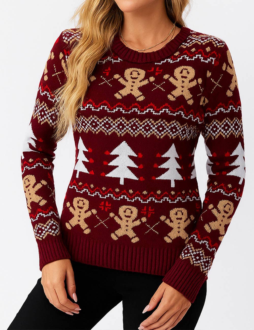 Burgundy Ladies Multi Color Christmas Jacquard Pattern Pullover Sweater for wholesale on Faire0