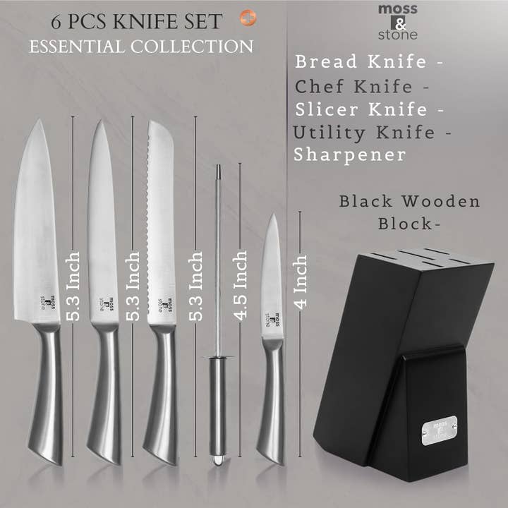 Moss & Stone - Wholesale Knife Set - Professional Kitchen Knife Chef Set, 6 Pcs Small Knife Set With Block, Premium Kitchen Knife Set Stainless Steel, Scratch Resistant & Rust Proof, Knife Block With Sharp Cooking Knives1
